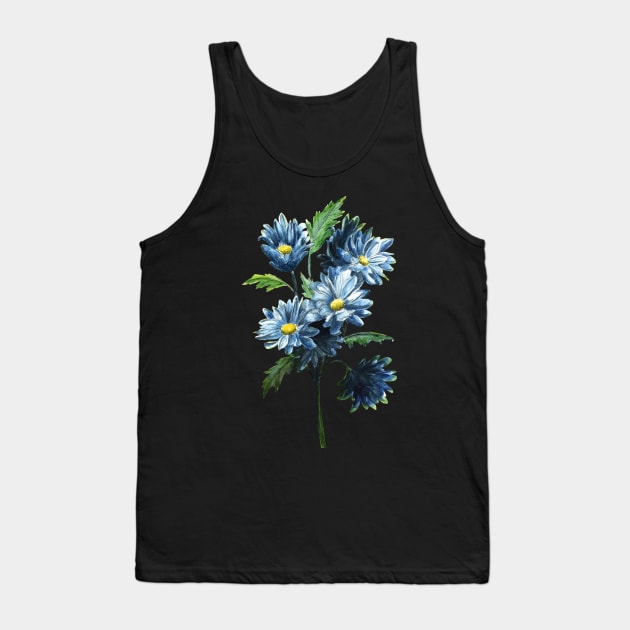 Blue Daises Flower Watercolor Painting Tank Top by Ratna Arts